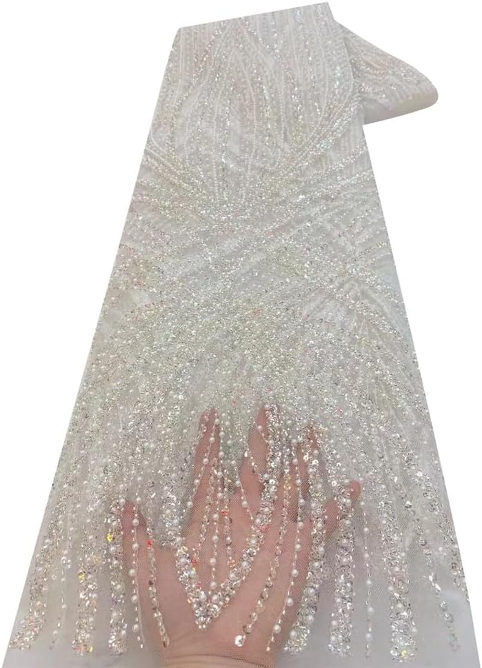 French Handmade Bead Design Fabric African Sequins White Tulle Lace Evening Dress ML43N872 (Blue)