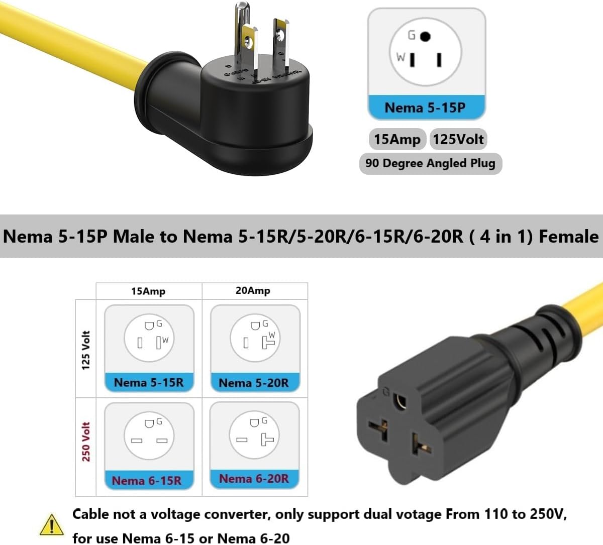 15-Ft 12AWG 90-Degree 15Amp to 20Amp Extension-Cable,Right-Angle 15 Amp Household Plug to 20-Amp Extension Cord,Nema 5-15P to 5-20R,5-15P to 6-15R/20R,15A 125V to 20A Angled AC Power Cord