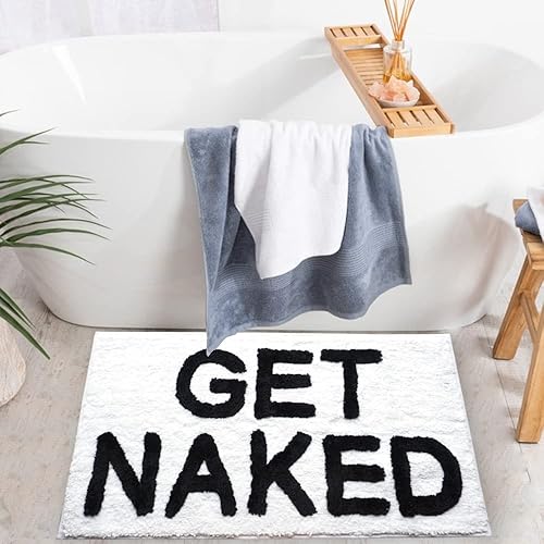 Miniatura 6 de Evovee Alfombra de baño blanca, Get Naked Fun, antideslizante, lavable, 20 x 31.5 pulgadas