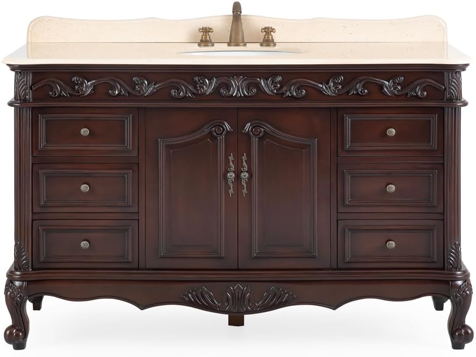 Benton Collection 56 Inch Beckham Free-Standing Bathroom Vanity, Cherry Brown Finish, Single Sink, Cream Marble Top, Porcelain White Undermount Sink, 6 Drawers, Cabinet Storage Model CF-3882M-TK-56