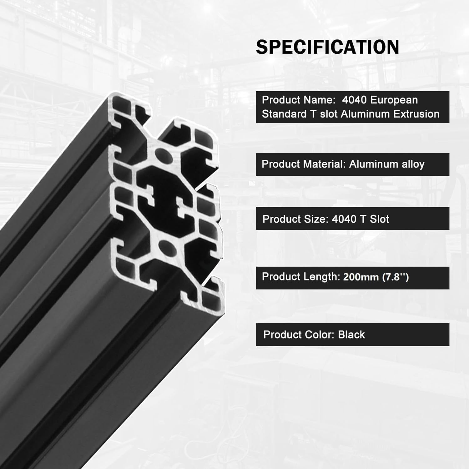 Profilo in alluminio estruso con scanalatura a T 4040, 200 mm, nero, profilo in alluminio estruso 40 x 40, telaio a scanalatura a T, standard europeo, guida lineare anodizzata per stampante 3D