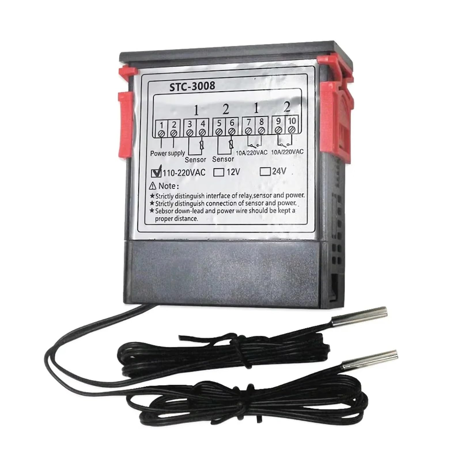 Podwójny termostat cyfrowy, regulator temperatury, przekaźnik inkubatora, 12/24 V, 220 V LED, ogrzewanie, chłodnica, podwójna sonda STC-3008 (DC12V)