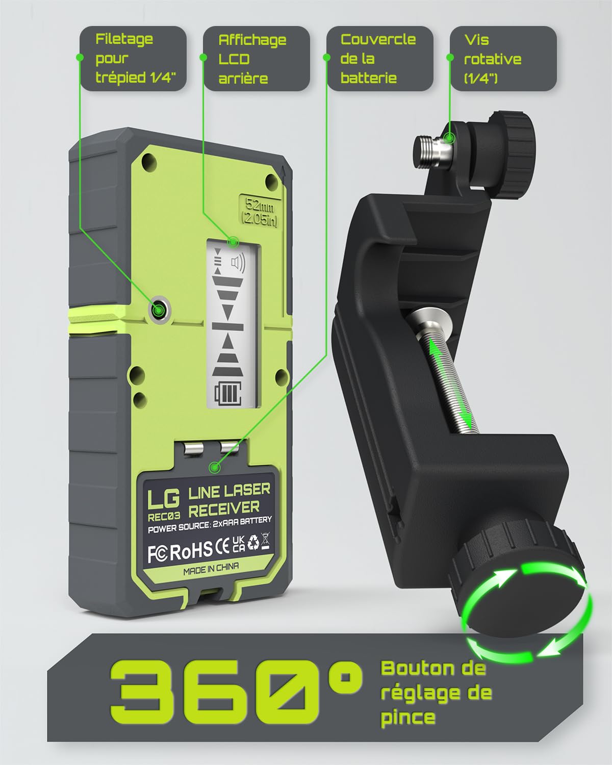 LasGoo Détecteur Laser LG-REC03 pour niveau laser, récepteur mode pulsé, portée 50 m, double écran LCD rétroéclairé, haut-parleur réglable, niveau à bulle et pince inclus.