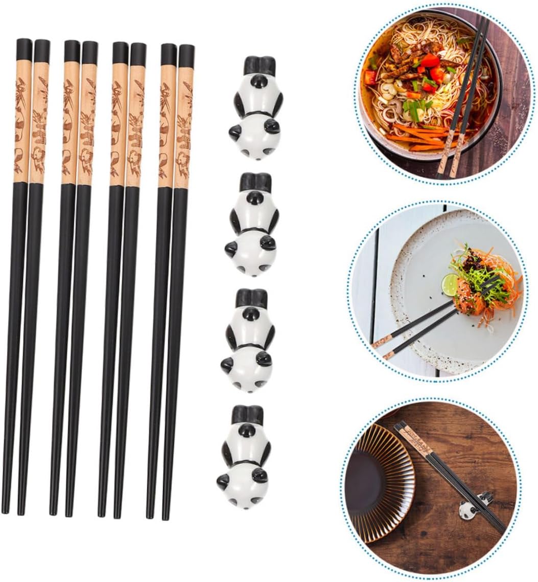 VICASKY Panda Ceramic Chopsticks Rest Set with 8 Reusable Chopsticks, Dishwasher Safe Porcelain Holder for Kitchen and Travel, 12pcs Household Dining Box