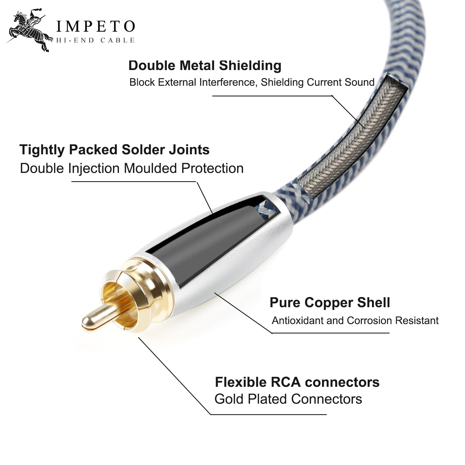 Impeto Câble RCA Subwoofer Cable Subwoofer RCA Y Cinch de masse caisson de basse 1 mâle vers 2 mâle- Contacts Dorés-pour amplificateur, enceintes actives ou caisson de basse - 5 m