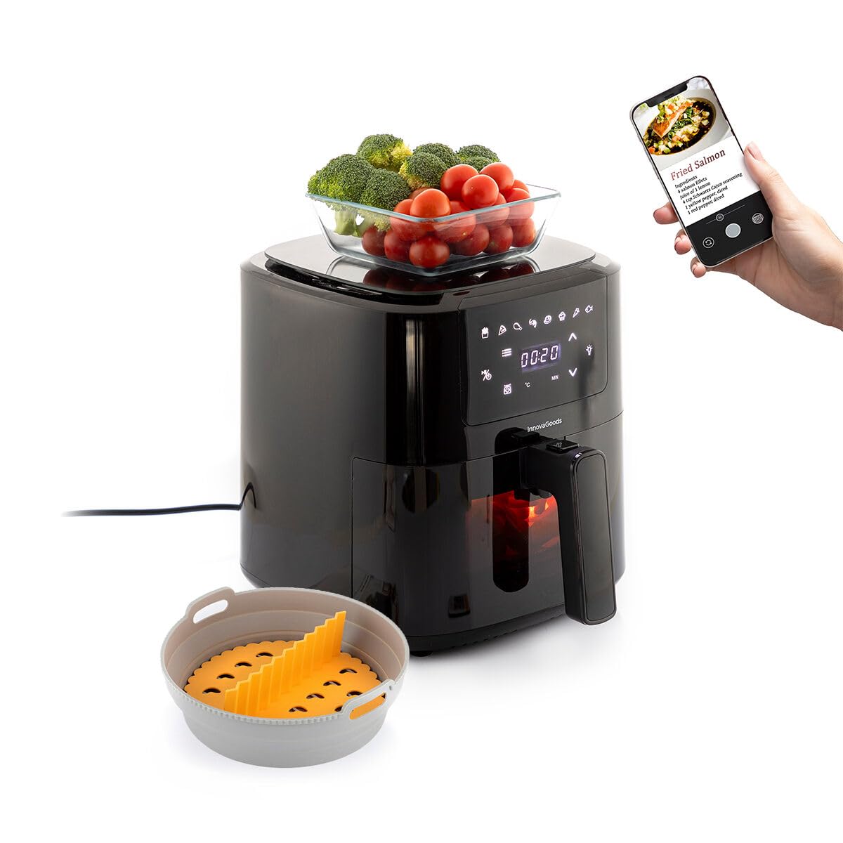 InnovaGoods Oil-free Fryer 5L + Silicone Air Fryer Mould Ø20.5 cm, Air Fryer 1500 W with Kitchen Scale, 8 Programs Touch Screen Non-Stick Basket Timer, 360° Air Flow