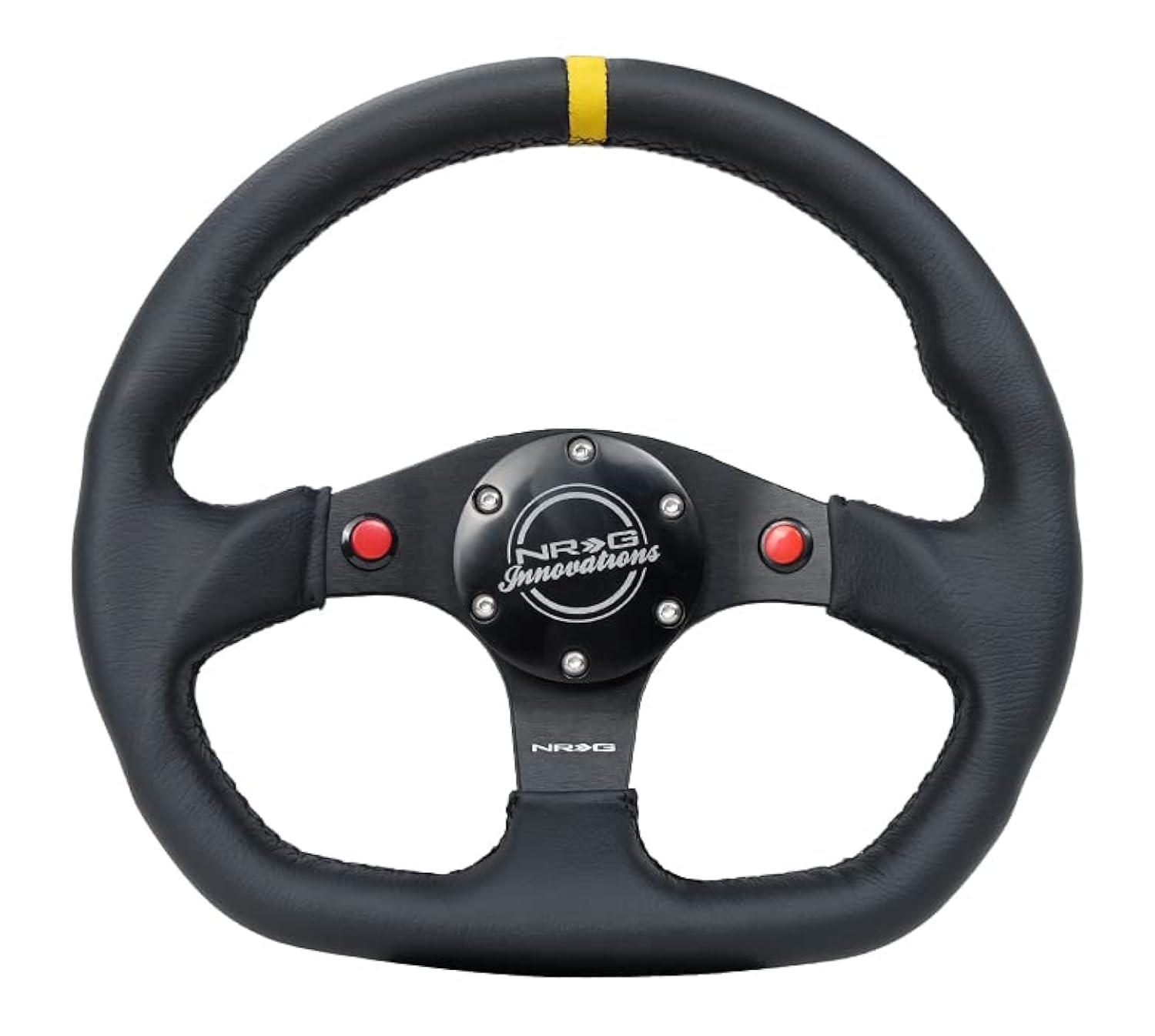 NRG Innovations NRG-RST-024D-MB-R-Y Reinforced Steering Wheel 320mm Sport Leather Dual Push Buttons Flat Bottom with Yellow Center Mark
