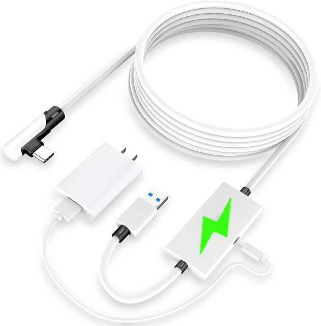 Kuject Design 16FT Link Cable for Oculus Quest 2, with Separate Charging Port for Ultra-Durable Power, USB 3.0 Type A to C Cable for VR Headset Accessories and Gaming PC-White