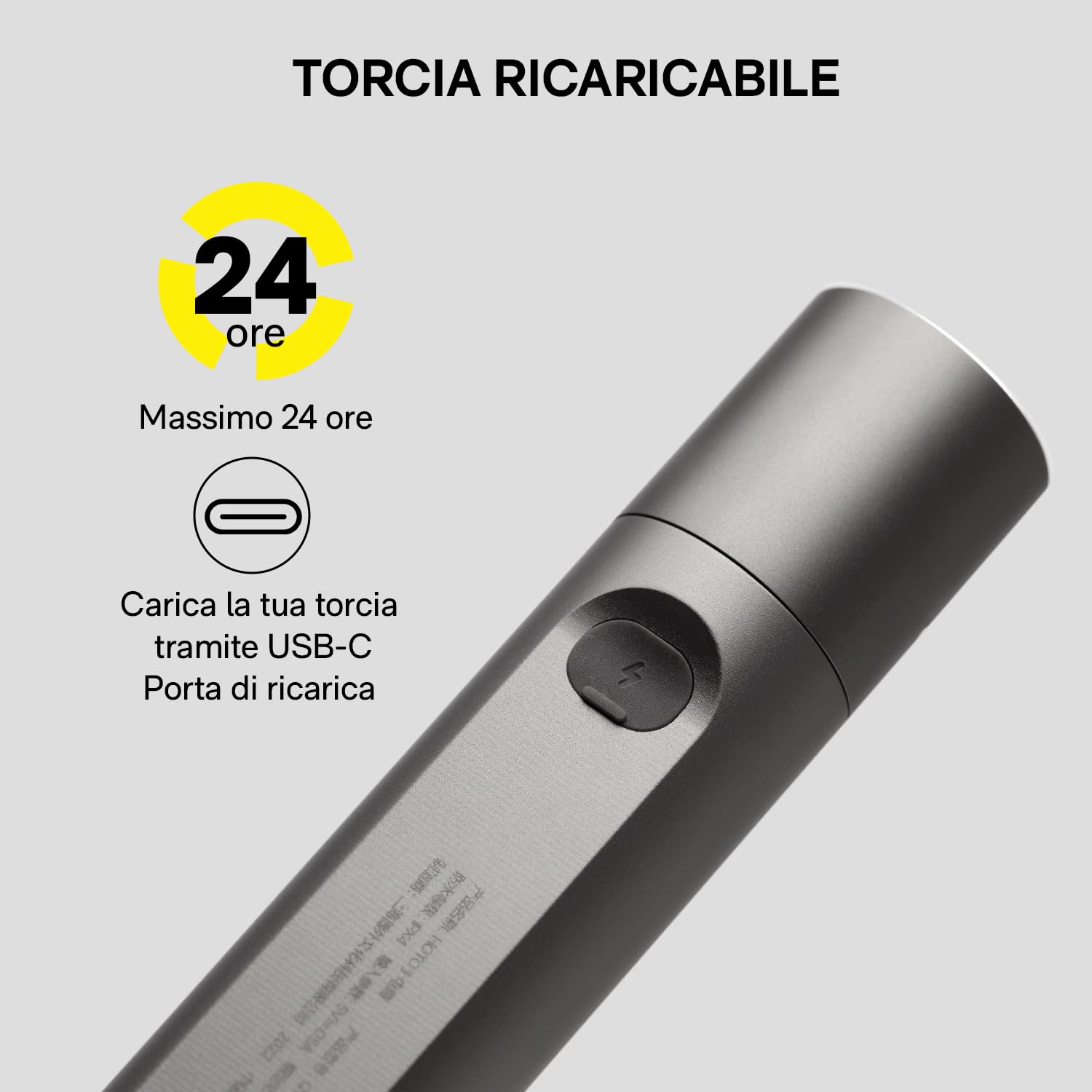 HOTO LED Torcia Ricaricabile, Ricarica USB-C, 3 Modalità, Fino a 24 Ore, 1500 mAh, 300 Lumen, 200 M, IP55 Impermeabile, per Campeggio, Escursionismo, Emergenza, Alpinismo
