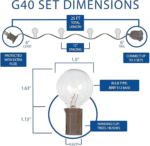 Miniatura 11 de Tira de luces G40 de 25 pies para patio al aire libre con 25 bombillas de globo azul, tira de luces para interiores y exteriores, tira de luces