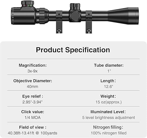 Miniatura 5 de CVLIFE 3-9x40 Rifle Scope, Red & Green Illuminated Optical Scope for Hunting with Free Mounts