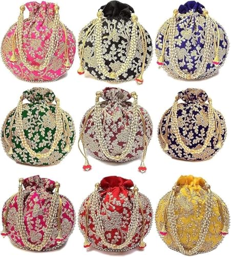 Pack of 10 Indian Ethnic Potli Bag Ladies Handbag Purse for Bridal Batwa Pearls Handle Clutch Purse for Women