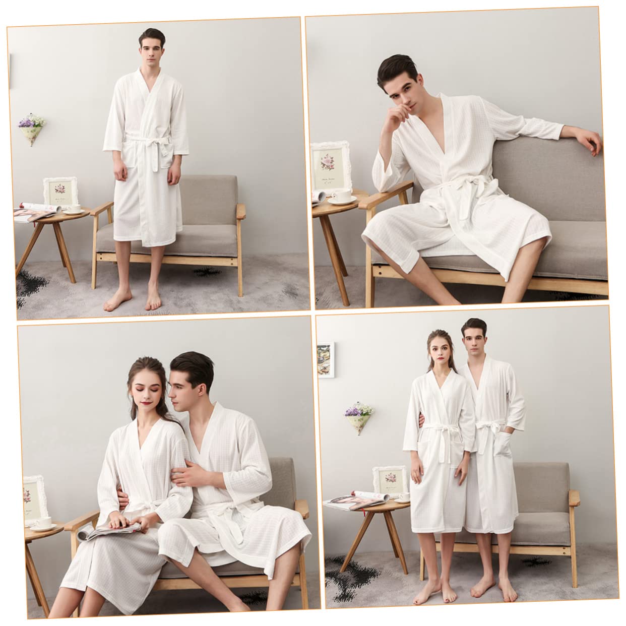 VOSAREA Peignoir D'intérieur Homme Xl Blanc en Polyester, 1 Pièce | Manches 7/8, Coupe Ample pour Printemps, Automne, Usage Couple, Séchage Rapide