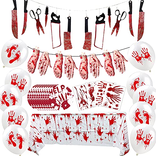 Halloween Party Supplies Bloody Handprint Halloween Paper Plates Set Scary and Bloody Zombie Handprint Table Cover and Tableware Perfect for Halloween Scary Party Decorations Halloween Banner Blood Tablecloth