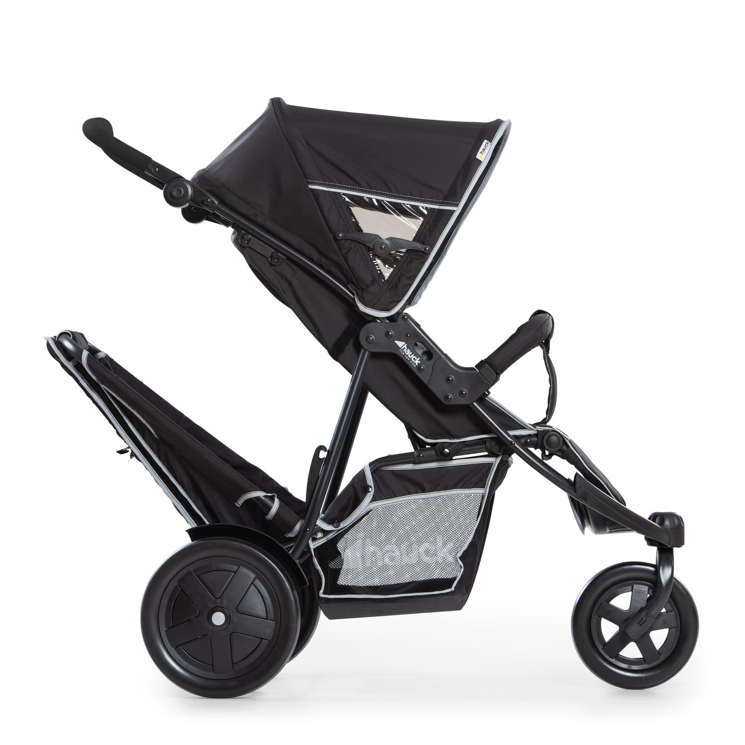 hauck Freerider Poussette Double 3 Roues pour 2 Enfants - Siège Avant Inclinable dès la Naissance – Siège Arrière dès 6 Mois – Charge 15 kg par Siège – Poignée Réglable, Habillage Pluie Inclus - Noir