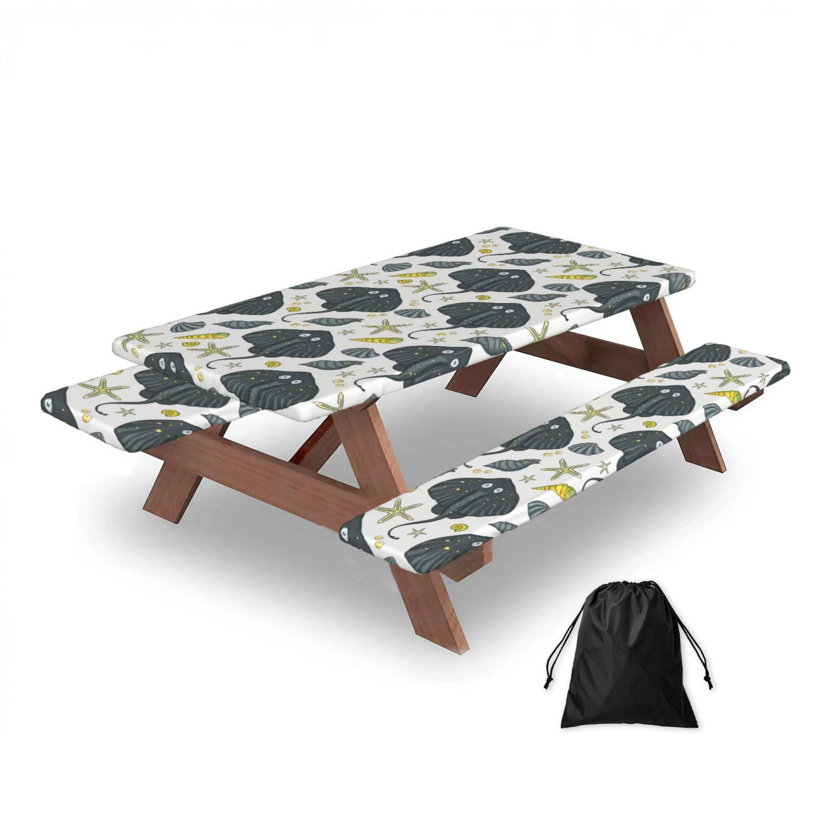 Marine Life Stingray, Picnic Table Cover With Bench Covers -Waterproof Elastic Fitted Tablecloth for Garden Camping Patio 76x152cm