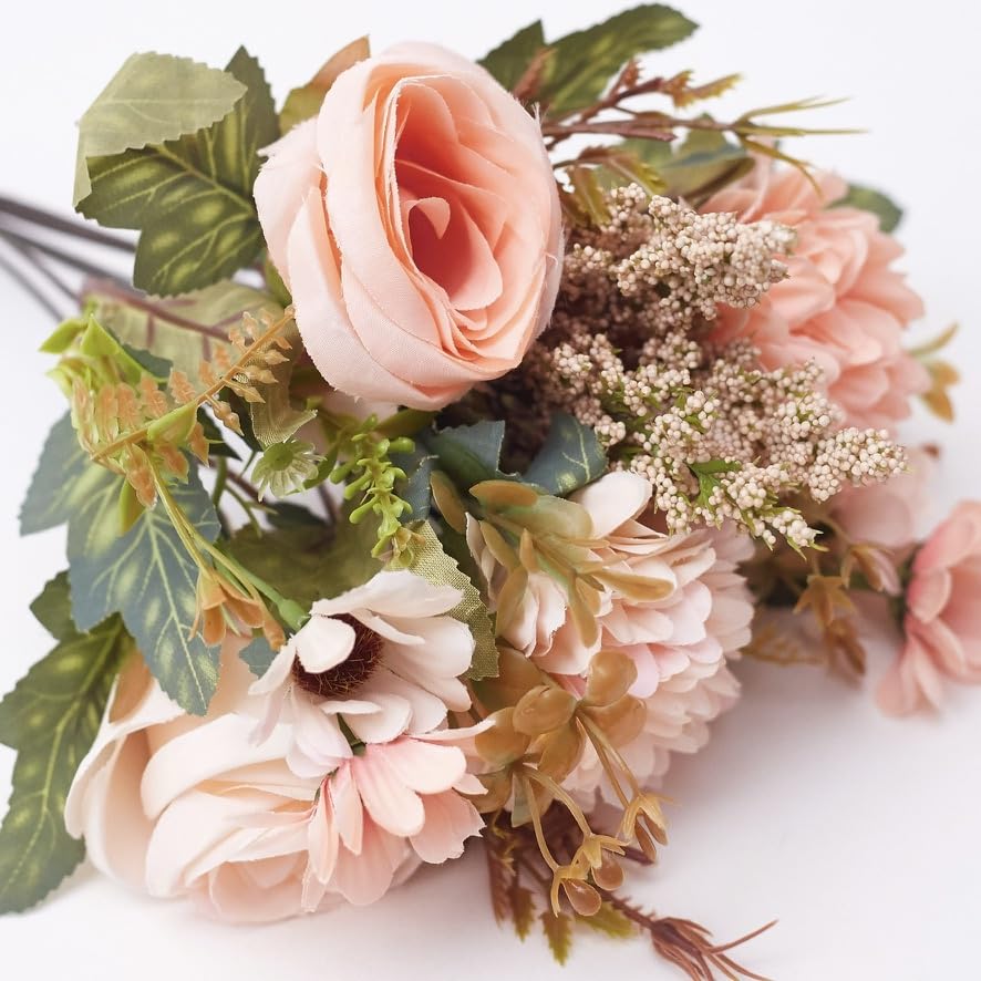 Silk Artificial Flower Bouquet (Rose, Dandelion, Daisy & Foilage), Realistic Fake Plant for Cake Decoration Home Décor