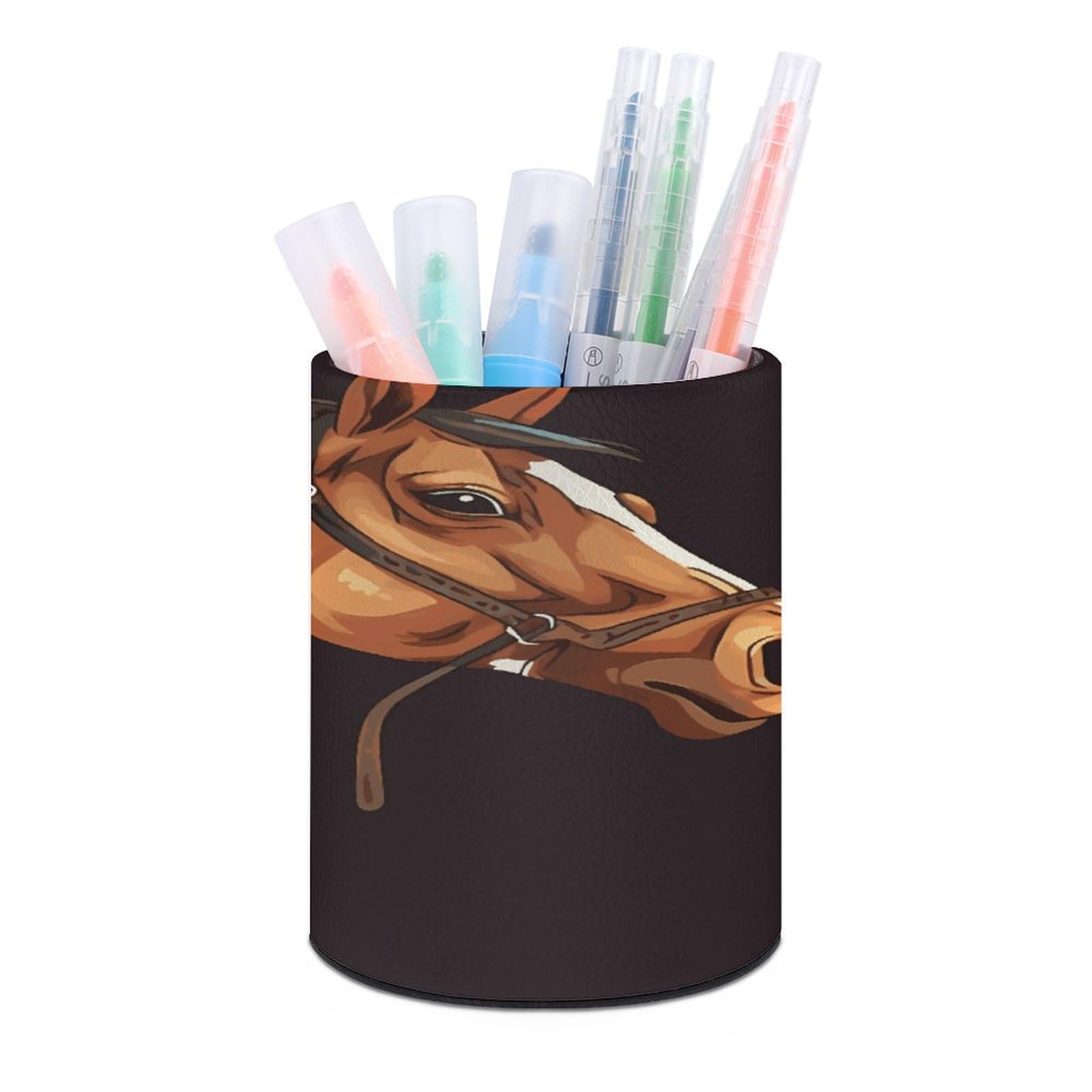JTREHY Brown Horse Pen Holder Round Pen Pencil Holder Makeup Brush Holders Cup PU Leather Pencil Cups Desktop Caddy Stationery Organizer Case Office Accessories Container Box