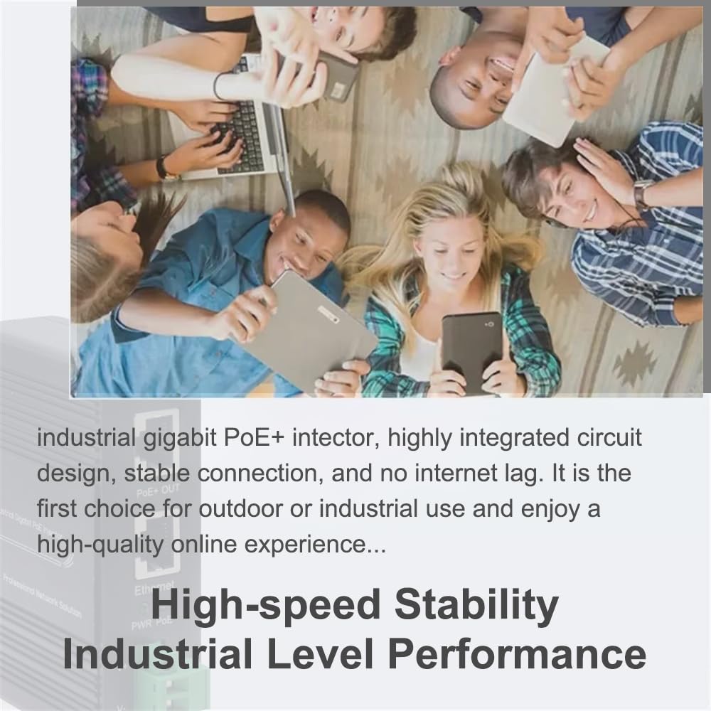 Iniettore industriale Gigabit PoE+, 30W IEEE 802.3af/at, ingresso 12-48VDC, montaggio su guida DIN/parete, protezione da sovratensioni 6KV, per telecamera IP