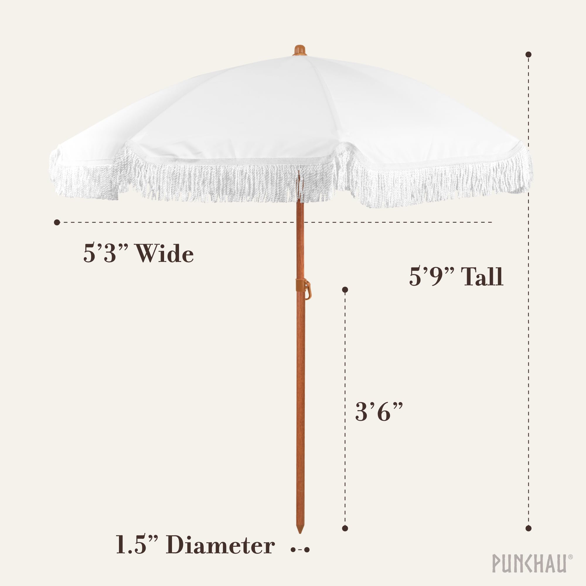 Punchau 6 Ft Fringe Patio Umbrella - Outdoor Umbrellas for Patio, Pool, Table, Garden, Deck, Beach, and Outdoors - Fashionable Boho Vintage Tassels & Wood Print - Push Button Tilt Pole - White
