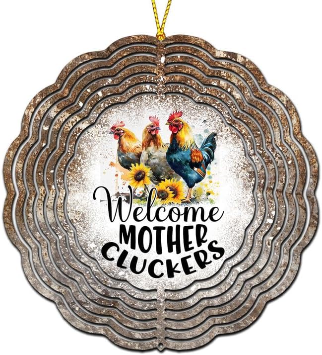 Welcome Cluckers Spinner, Farm Animals Wind Spinner, 10inch Stainless Steel Wind Sculpture, Chickens Funny Garden Decor