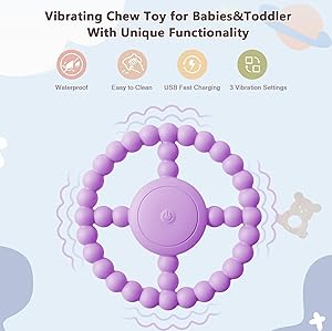 Vibrating Sensory Chew Toy Baby Teether for 6-12 8-18 Months, Autism Sensory Toys for Kids, Toddler Travel Essential & 1-2 Year Old Christmas Boys Girls Gift Idea (Purple)
