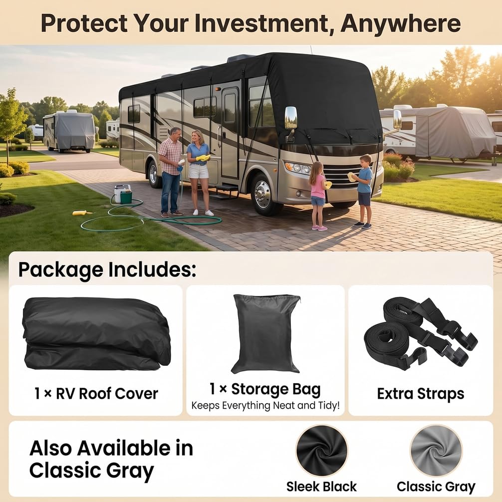 Copritetto Camper Universale in Tessuto Oxford Ultra Resistente, Telo Protezione Tetto Impermeabile 100% per Camper e Caravan, Anti-UV, Antineve e Anti-Muffa,Nero,6.5 * 3M Fits 18to21 ft