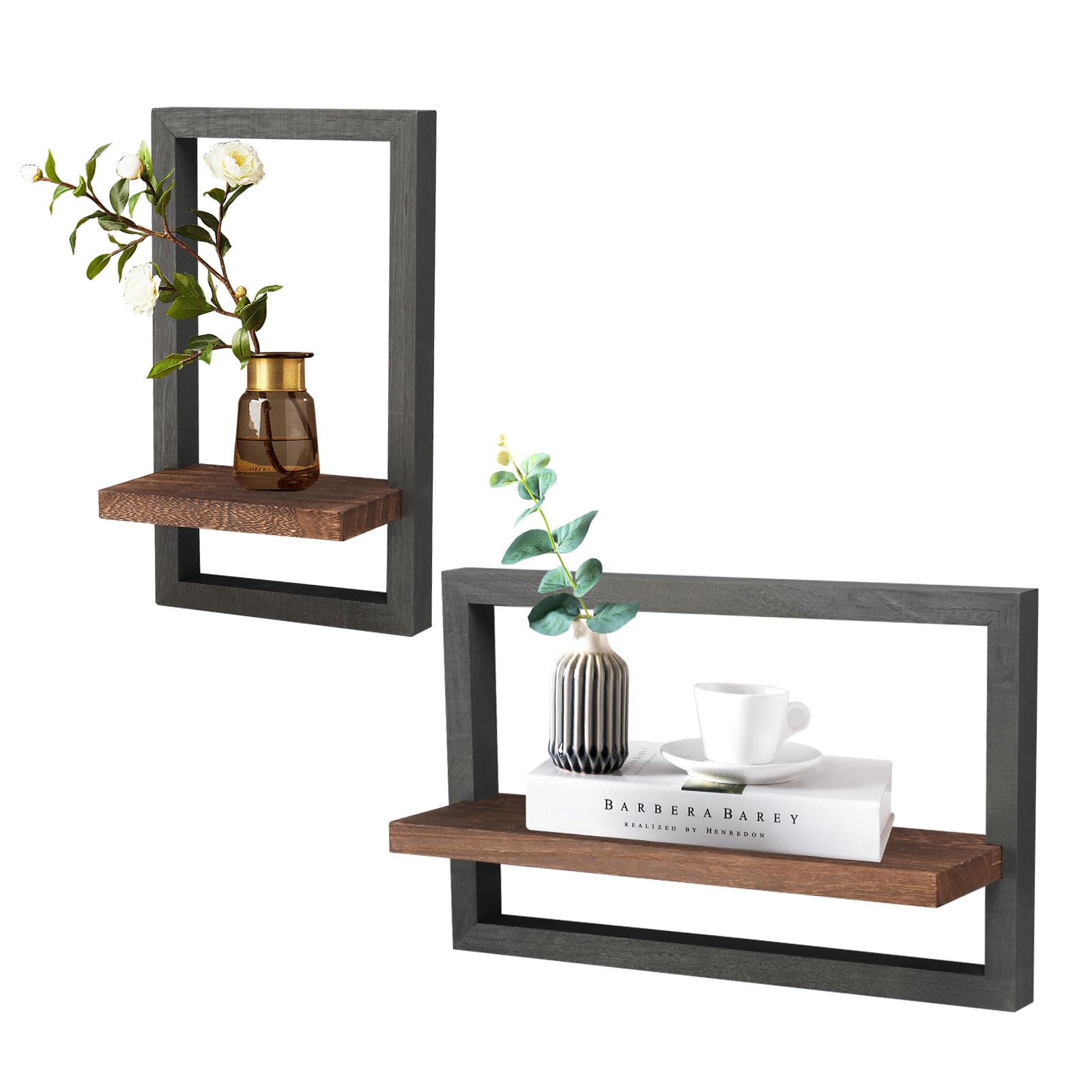 2 Pcs Square Floating Shelves,Wood Rustic Floating Shelves for Wall,Framed Wall Shelf Decorative Modern Plants Hanging Display Art Decor Storage for