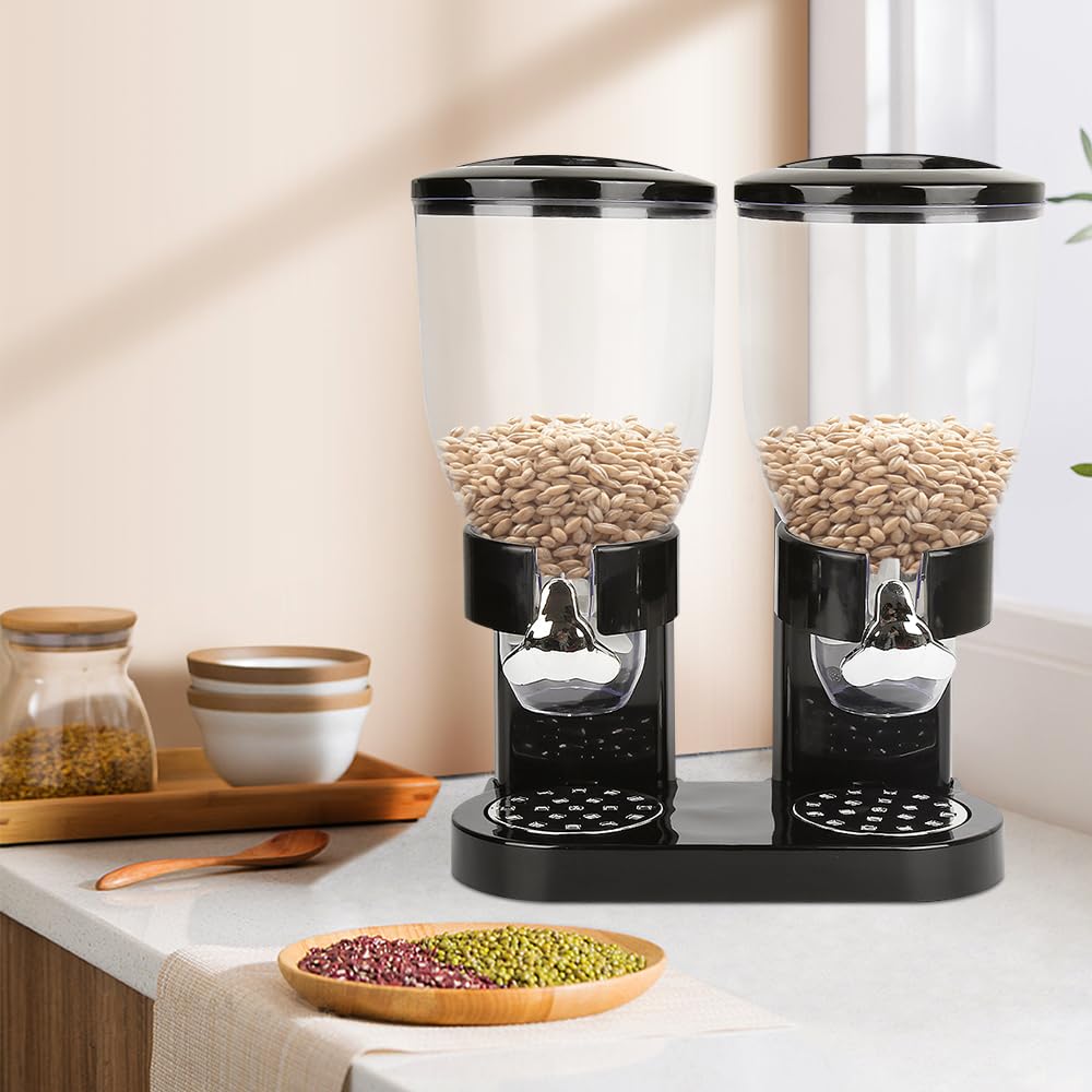 Doble Dispensador de cereales, Cornflakes Dispenser, Contenedores de cereales - Con 2 envases, Desayuno - Herramientas de cocina (negro)