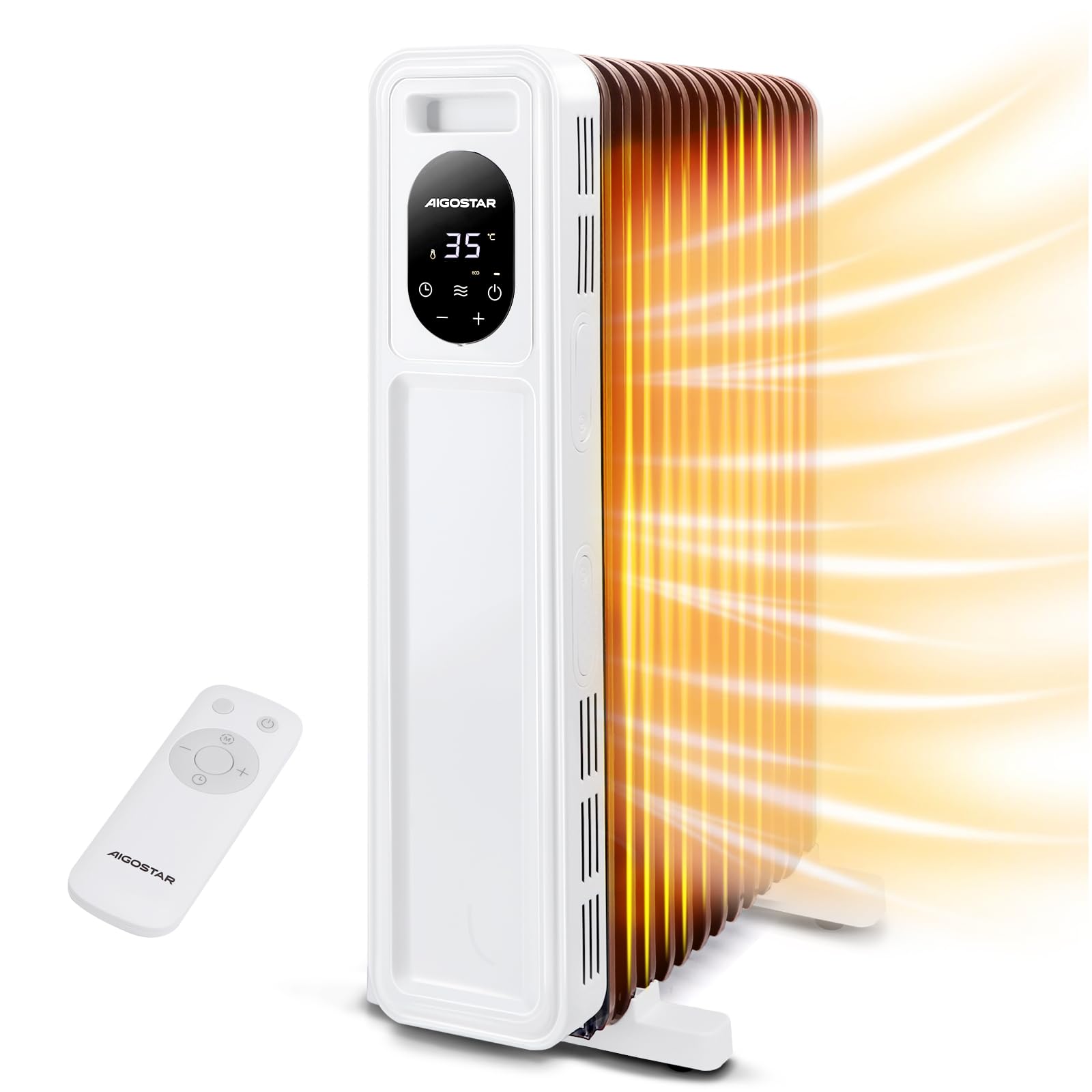 Aigostar Radiatore ad Olio 2500W, 13 Elementi Riscaldatore Elettrico Portatile, 3 Livelli di Calore, Modalità ECO, Timer 24H, Touch screen digitale, Telecomando, Hyperheat, Protezione Multipla, 60mq