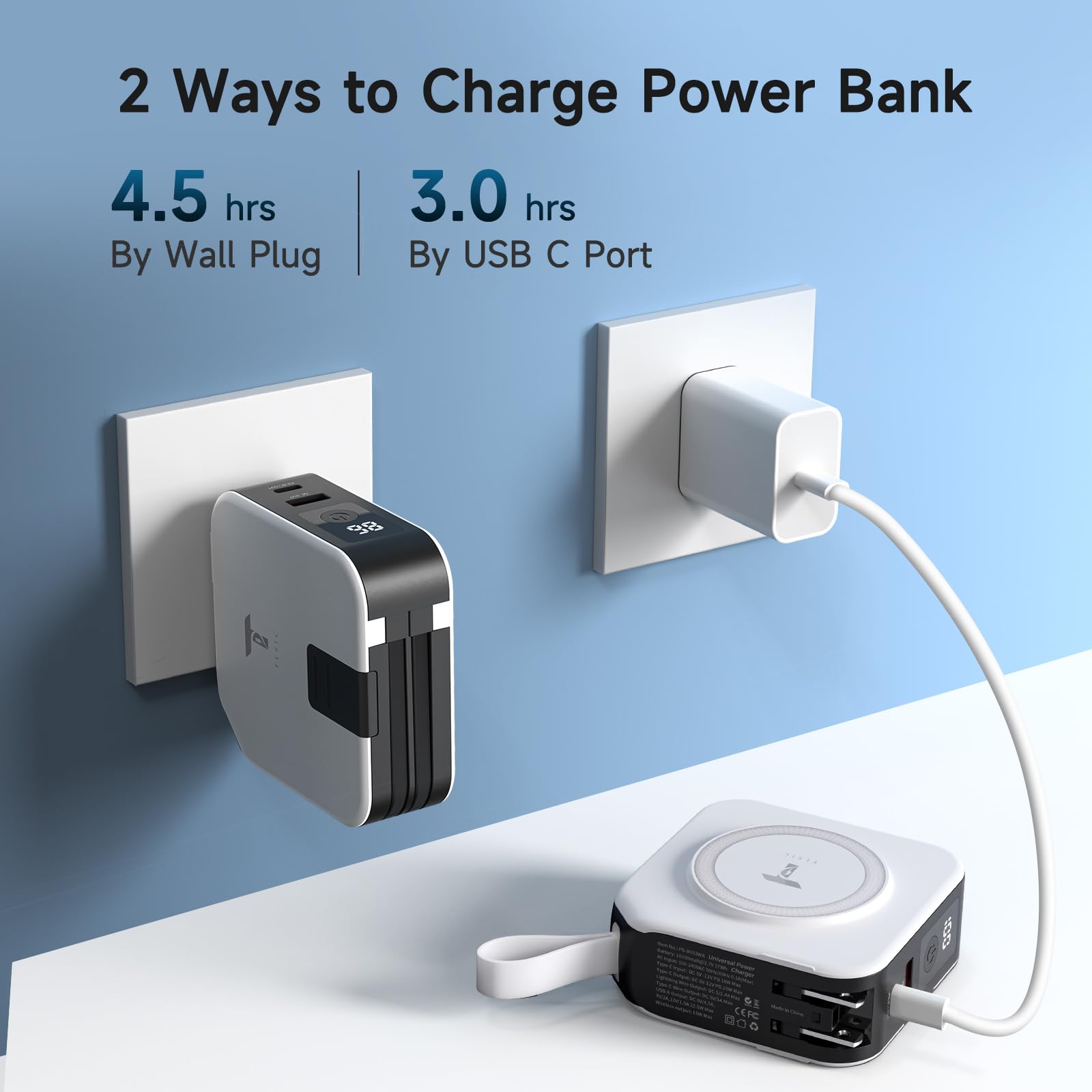 Powerpack - Batería externa universal 5 en 1, para batería Magsafe, batería externa de 10000 mAh con cable integrado, cargador portátil inalámbrico para iPhone 15/15 Pro/ProMax, iPhone 14/13/12 Series