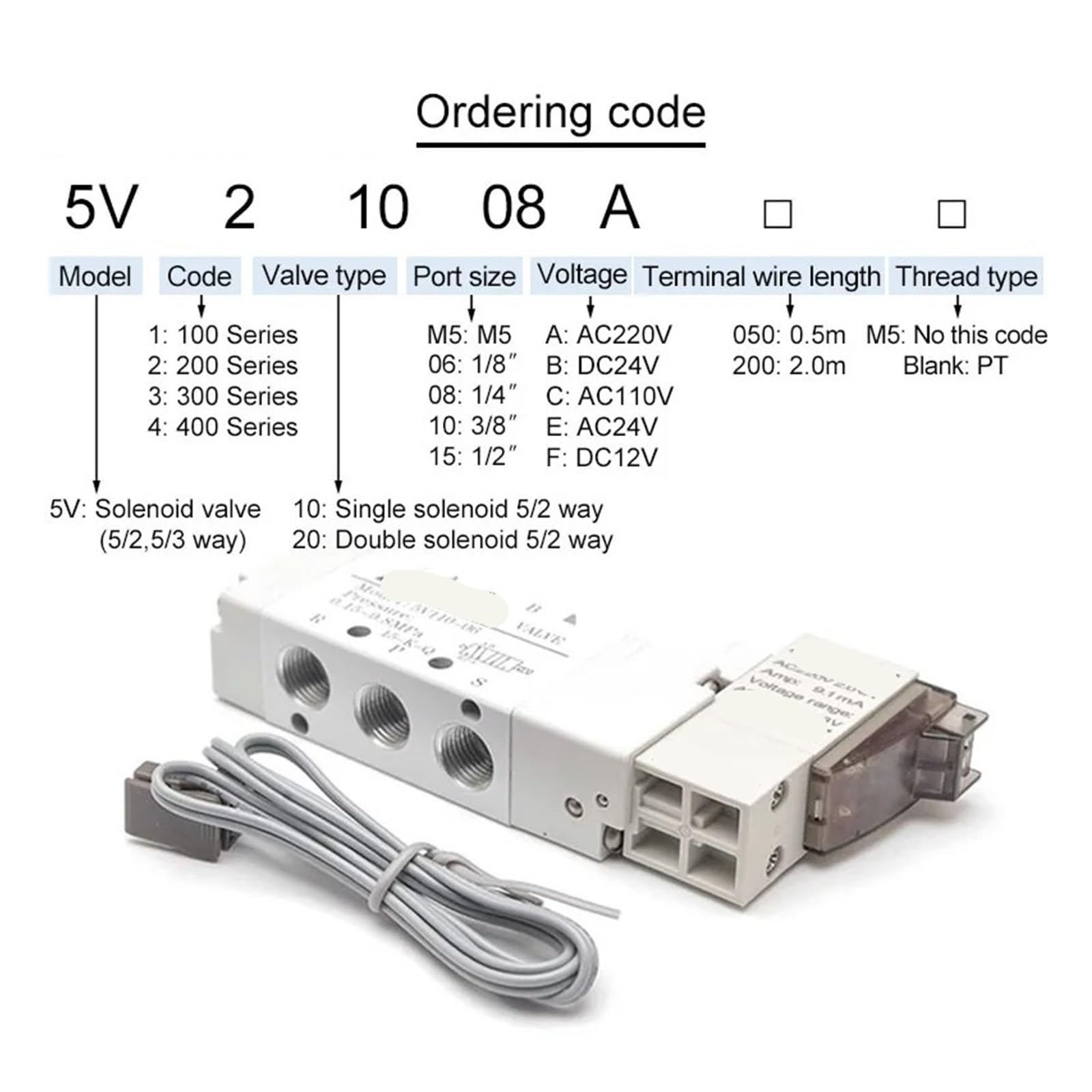 5V110 Pneumatisches Einzelmagnetventil, 5/2 Wege M5 1/8" PT pneumatisches Wegeventil for die industrielle Automatisierung(5V110-M5 050,AC24V)