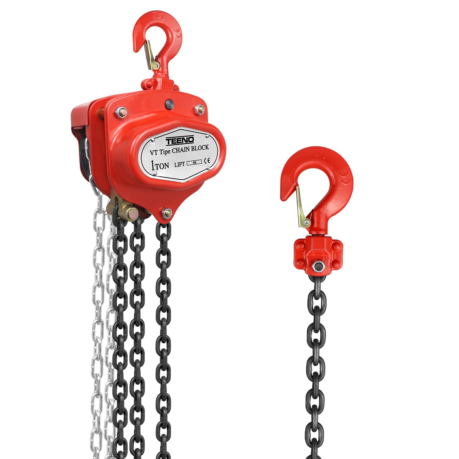 TEENO Polipasto de Cadena Manual,Capacidad de Elevación 1T,Altura de Elevación 6 Metros,Freno de Doble trinquete Actualizado,Cadena de Acero Manganeso G80,Ideal para Todas las Necesidades de Elevación