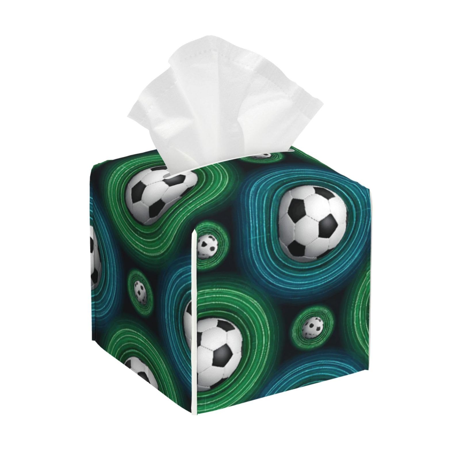Cool Soccer Football Leather Tissue Box Cover Holder Square Facial Paper Organizer 5.2" X 5.2" X 5.2"