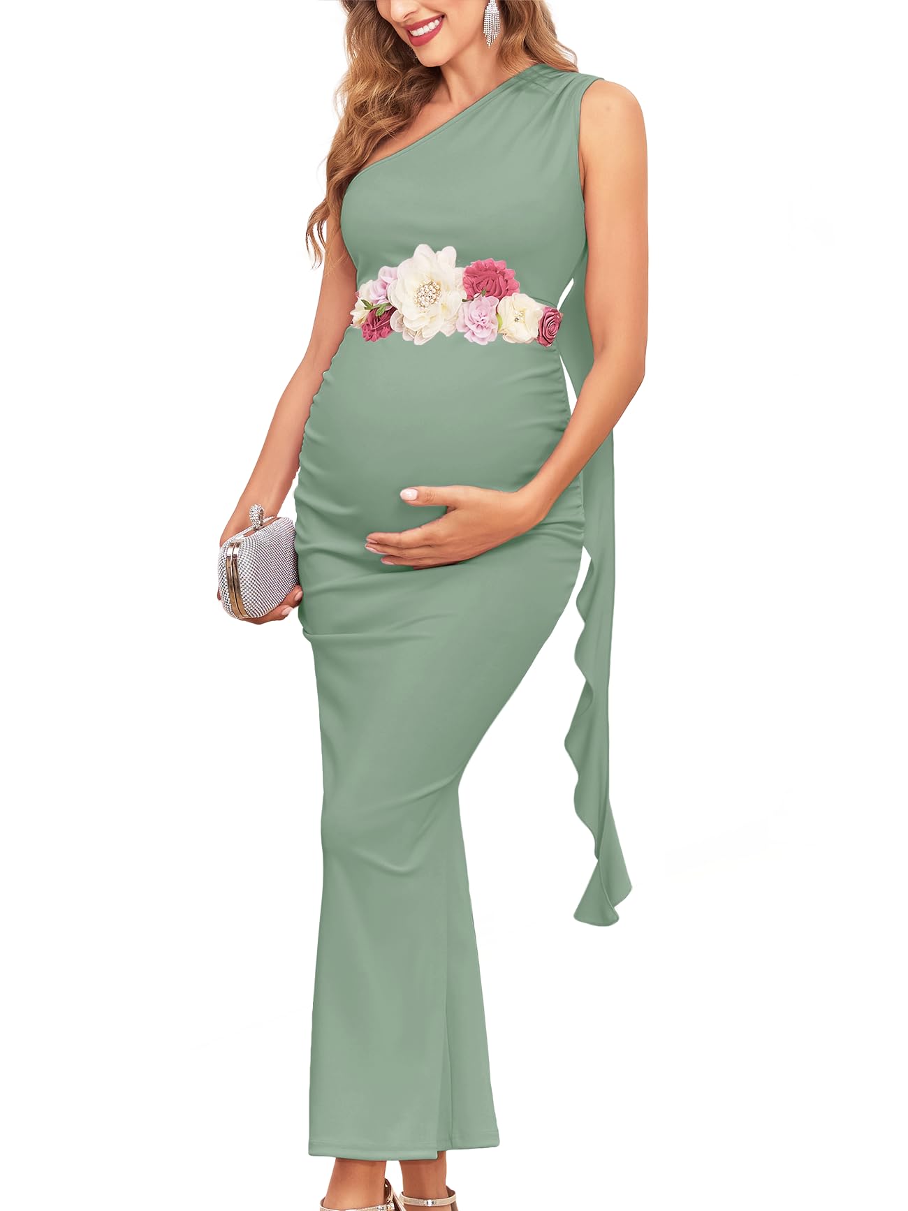 Photo 1 of AISWI One Shouler Maternity Mermaid Dress with Flowing Ruffle Tassel Bodycon Pregnancy Dresses Baby Shower, Without Belt, Sage Green, Medium