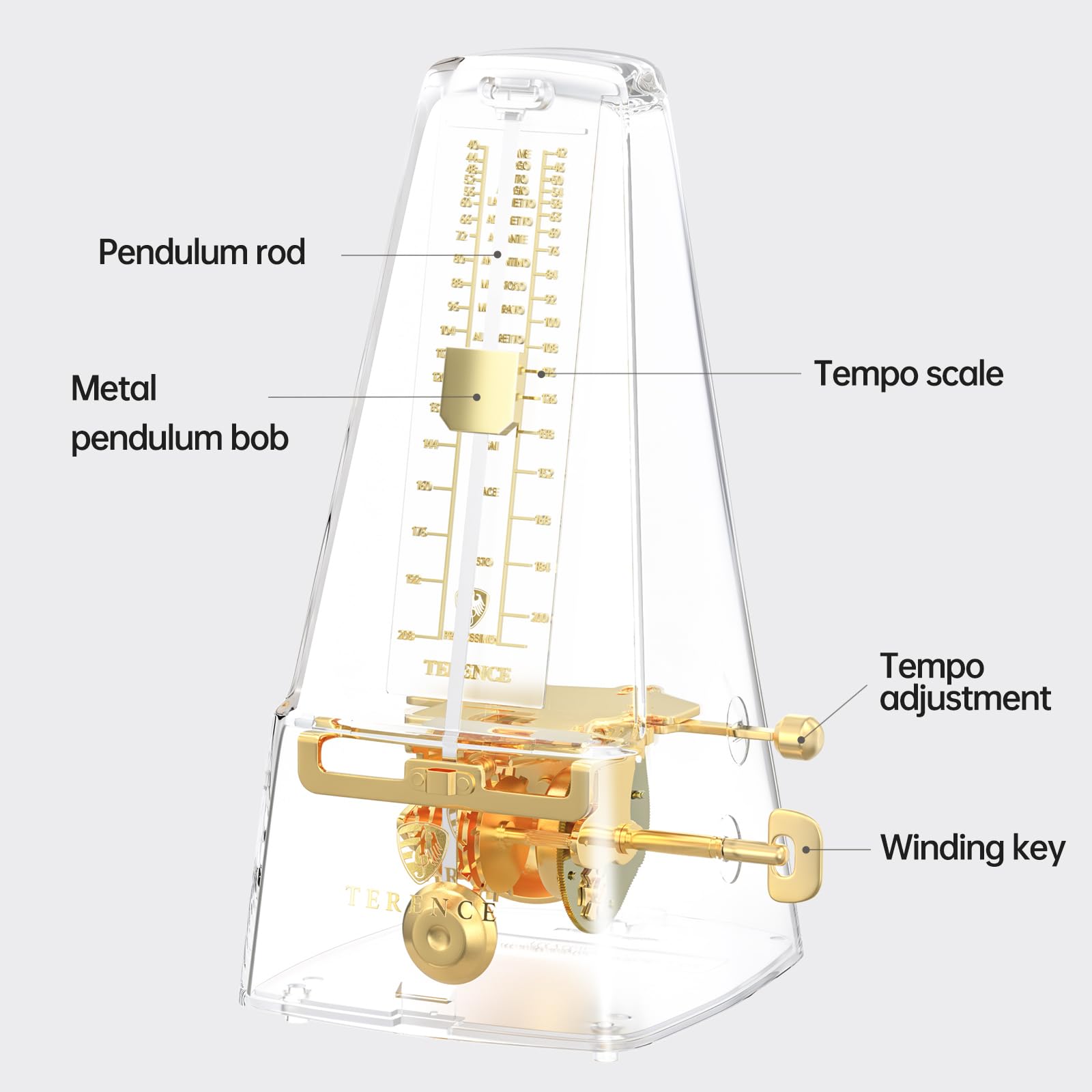 TERENCE Metronomo Meccanico Trasparente Seiko Metronomo Meccanico per Pianoforte, Chitarra, Guzheng, Violino, Batteria, Pipa Macchina ritmica universale per musica