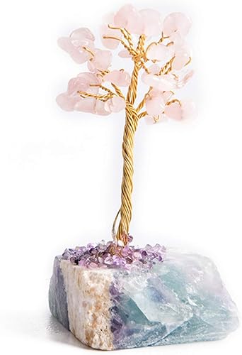 YGLINE Árbol de dinero de cobre con cristales curativos de cuarzo rosa, árbol de dinero para el hogar, oficina, escritorio, árbol, decoración de