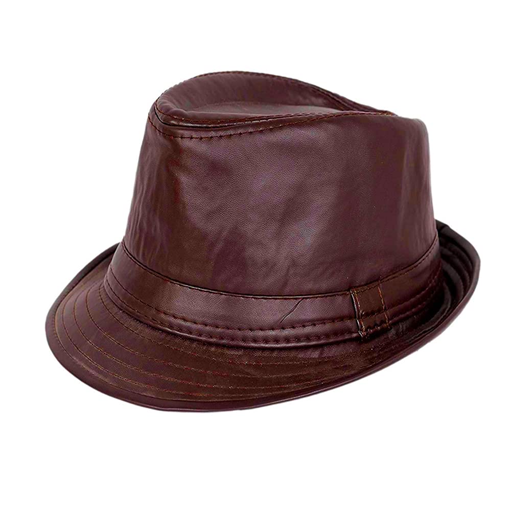 Unisex Imported Cowboy Leather Fedora Hat Brown-image-6