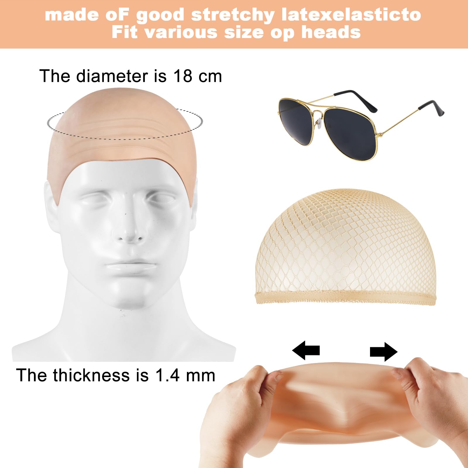 LFBEST Bald Cap With Wig Cap and Sunglasses, Halloween Bald Caps Latex for men women Bald Skin Thick Latex Head Caps - Image 2