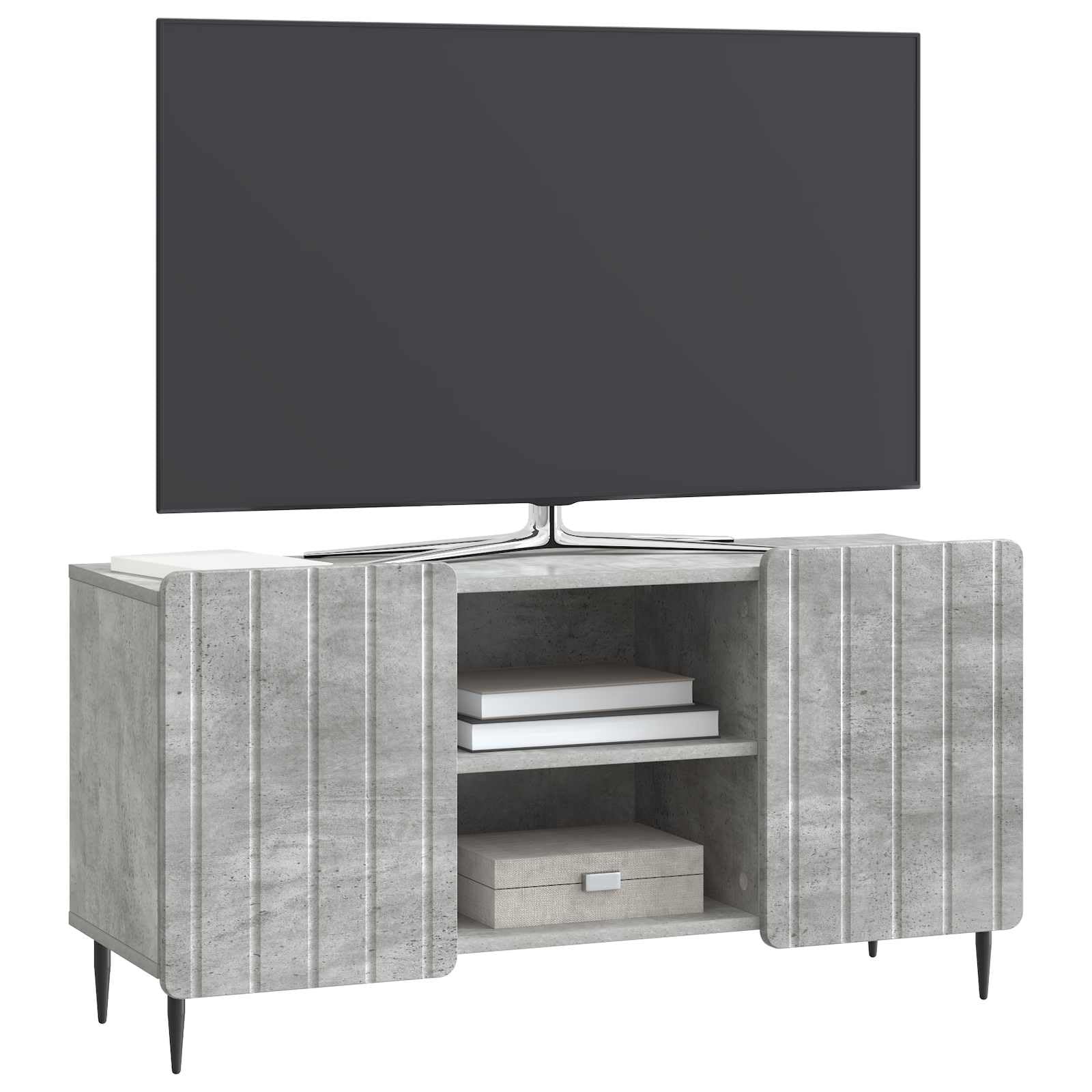 Hothingwell TV-Möbel, Holz, 102 cm, Betongrau | Drehtüren 90 °, Füße aus schwarzem Stahl, DVD-Regal, leicht zu reinigen mit feuchtem Tuch