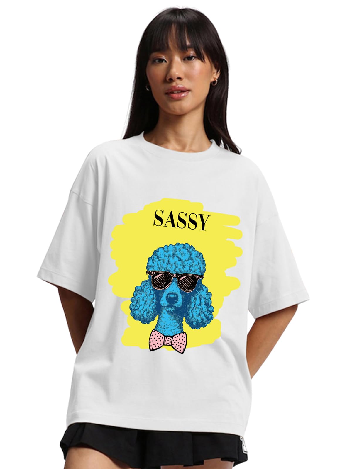 JUNEBERRY100% Pure Cotton Oversized Fit White Round Neck T-Shirt for Women & Girls (Sassy Front Latest Graphic Printed, Loose Baggy Fit, Half Sleeve, Trendy Drop Shoulder)