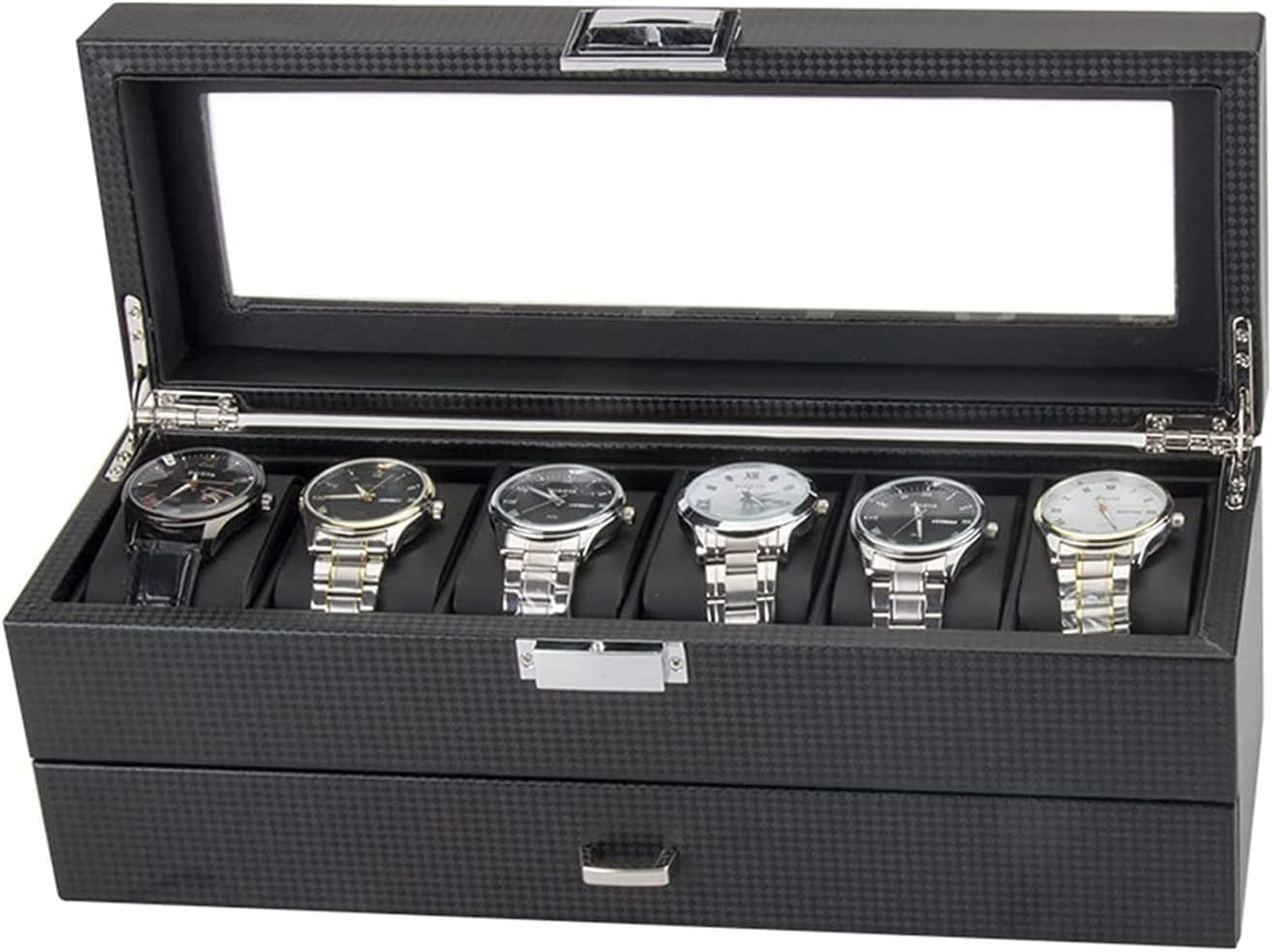 Uhrengehäuse, PU-Leder, doppellagig, 6 Fächer, Uhrenbox mit Schublade, transparente Oberseite, abschließbare Sonnenbrillen-Aufbewahrungsbox, Uhrenbox