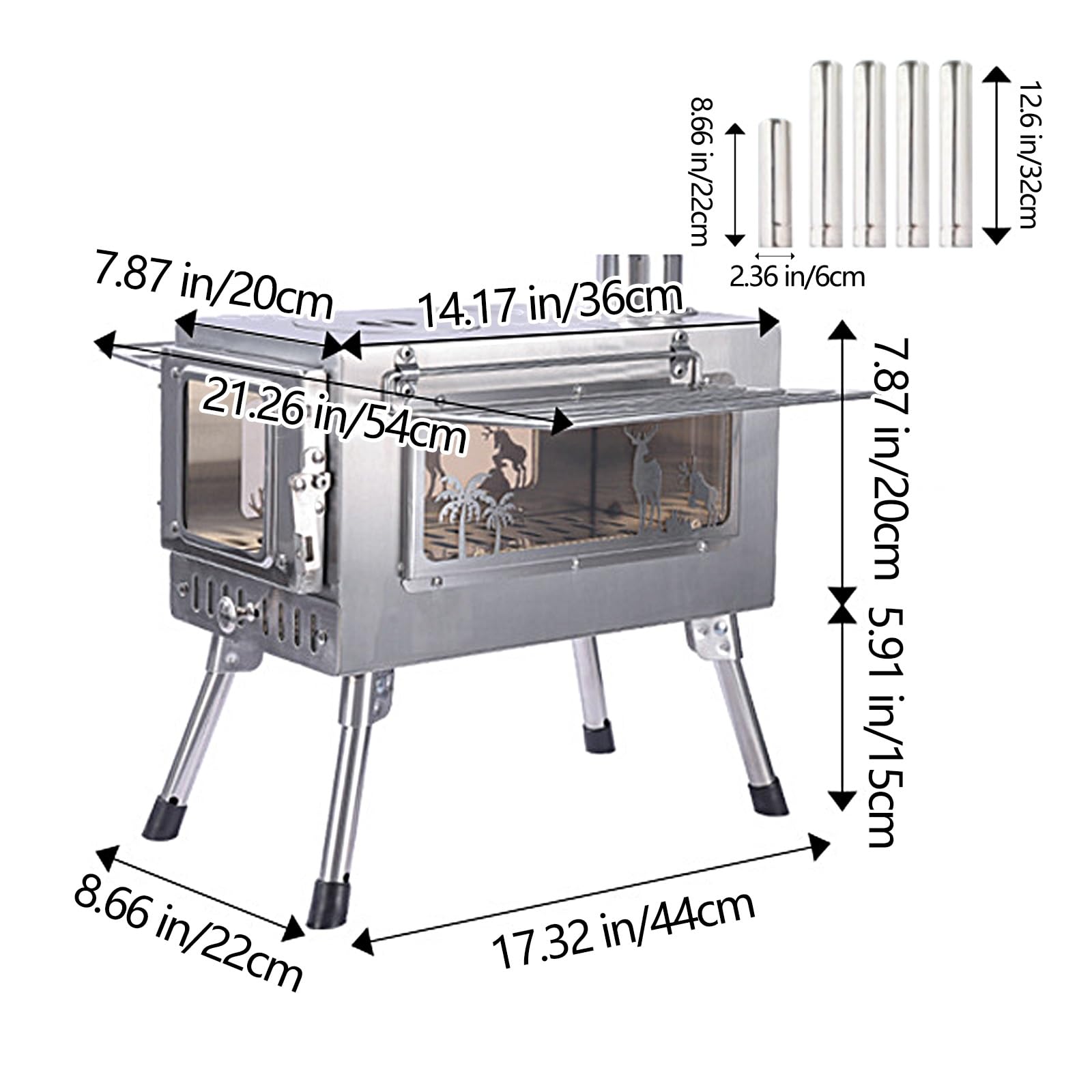 Poele a Bois Portable Pliable Rechaud Camping en Acier Inoxydable avec Conduit de Fumée et Crochet À Feu pour Le Camping, La Cuisines, Les Grillades, La Randonnée, La Pêche, La Chasse(54*44*35.1cm)