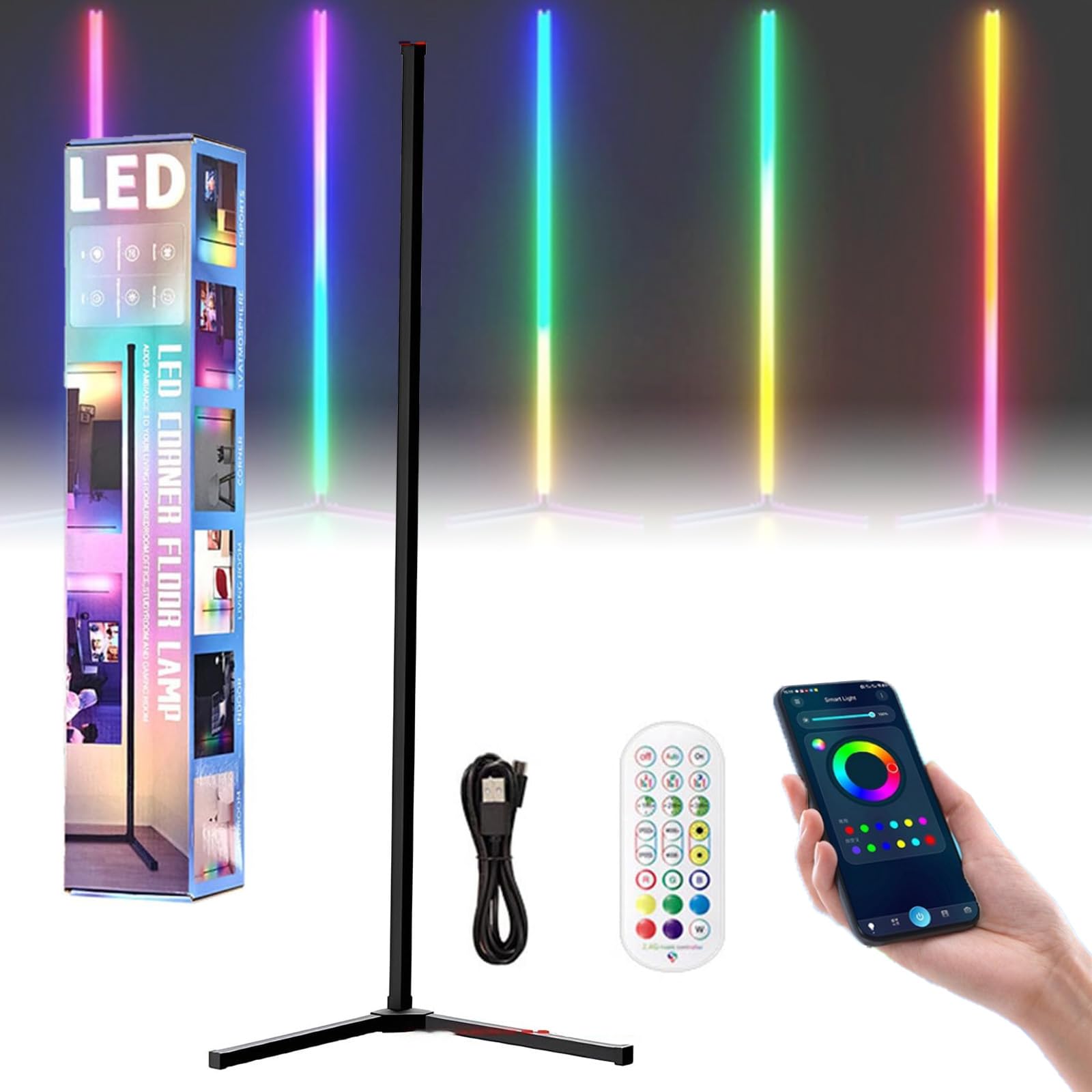Smart Lampada da terra a LED con sincronizzazione musicale, 142 cm di altezza RGB, 16 m colori, telecomando per soggiorno, camera da letto, giochi