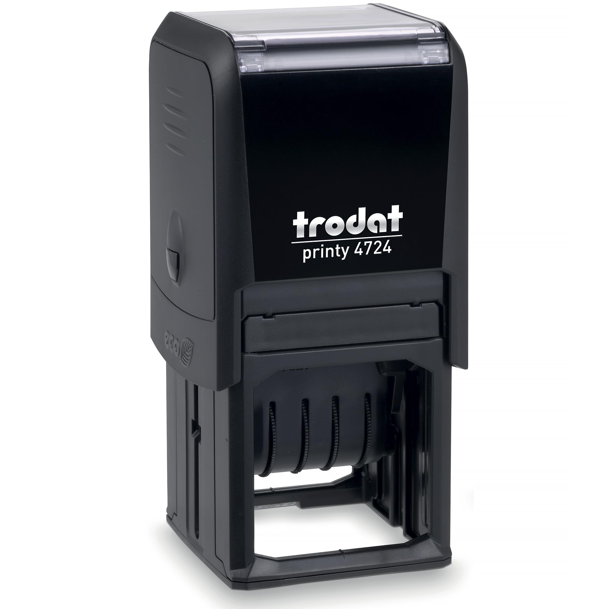 Trodat Printy 4724 Timbro Datario con Testo Personalizzato, Autoinchiostrante, Max 3+3 righe, Data Centro, Impronta 40x40 mm, Colore Nero, Cartuccia Inchiostro Verde, Contabilità, Ordini, Logistica