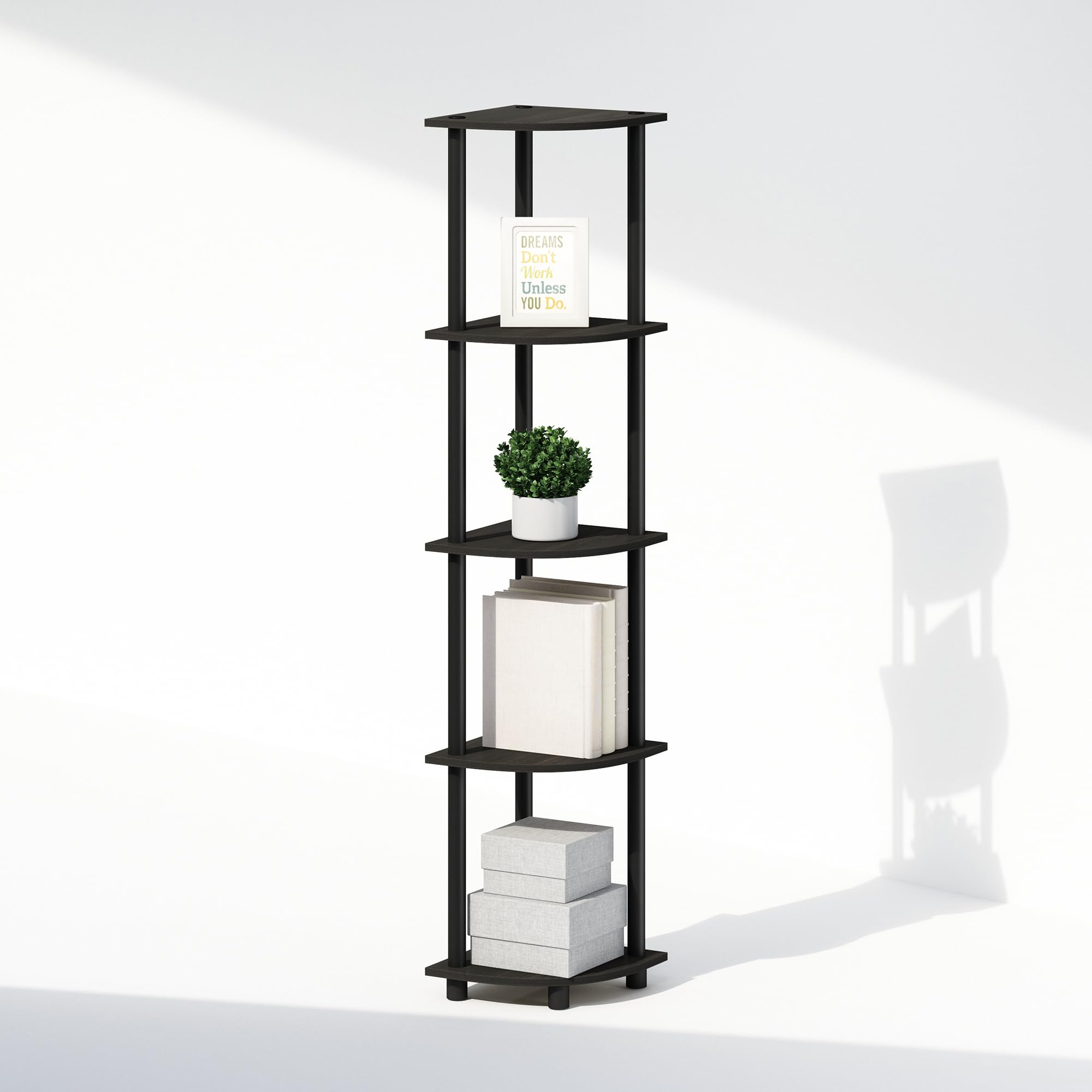 Furinno TURN-N-TUBE Corner Shelf, 5-Tier Corner Bookshelf, Open Storage Shelves, for Organization and Storage, Living Room, Home Office, Garage, Bedroom, Black Espresso