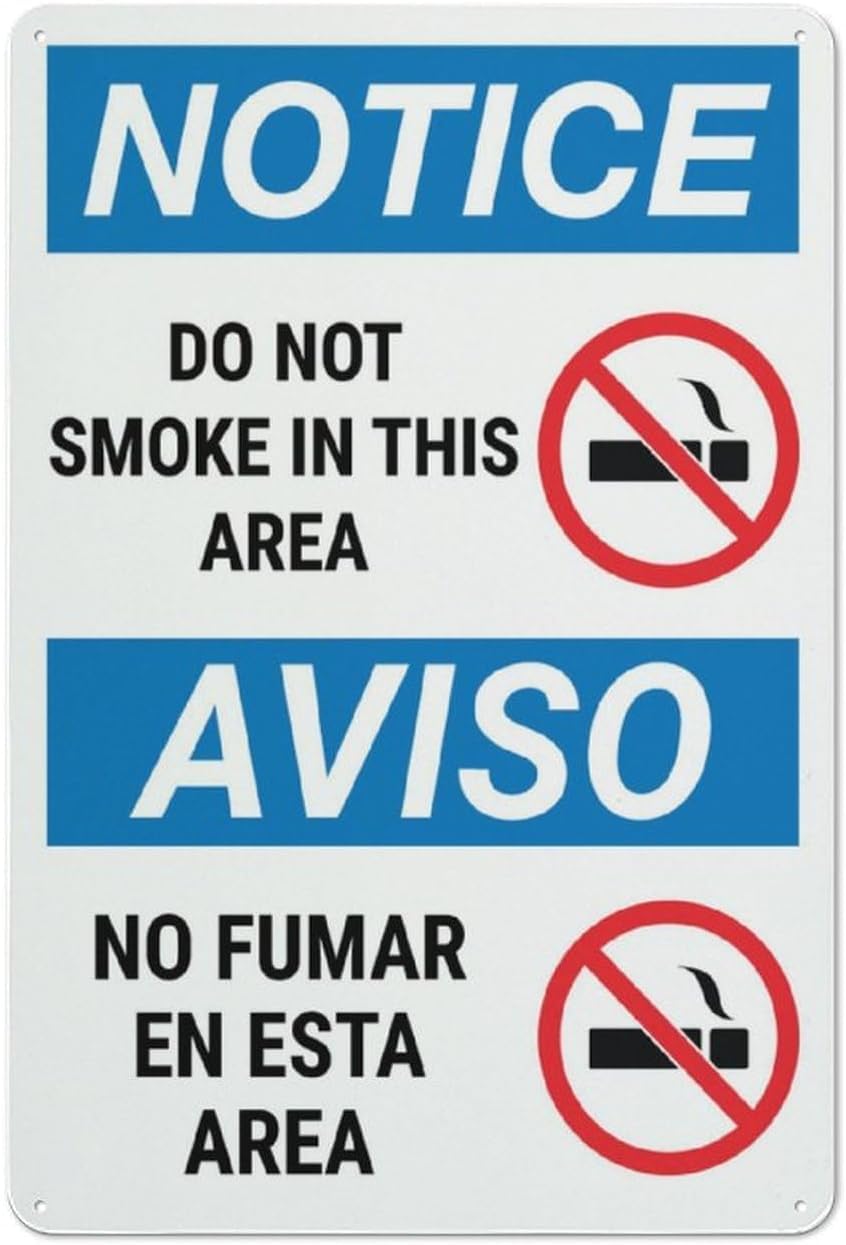Spanish Bilingual No Smoking Sign, Public Space Smoking Ban Safety Wall Decor 12x8 Inch