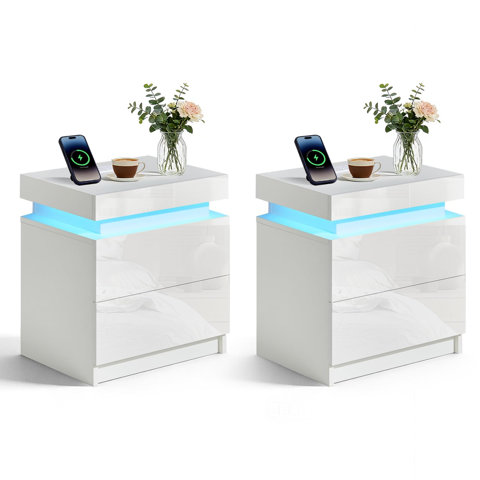 LEMROE 2-Drawer Bedside Tables Set of 2, White High Gloss Fronts – APP-Controlled LED Lights & Charging Station with Flip Top, Modern Nightstands for Home, Media Room