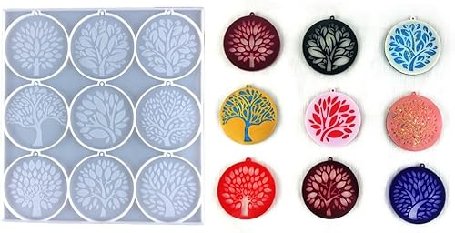 Miniatura 5 de Molde de silicona para colgante de 9 celdas, molde de resina con forma de árbol de la vida, moldes de joyería con agujero para hacer a mano