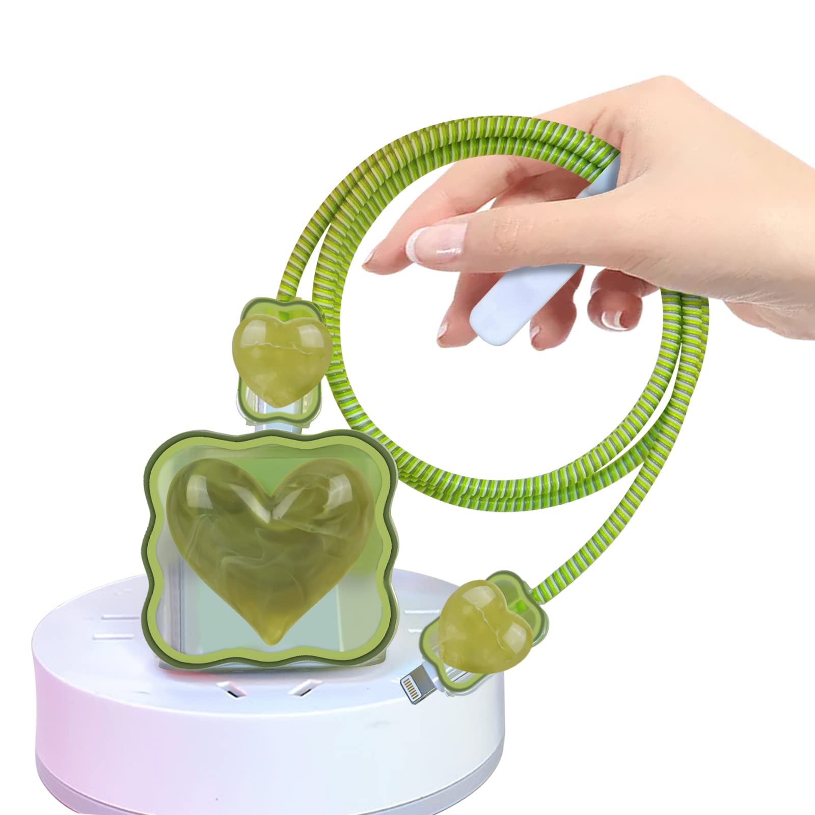 DIY Cable Protector for Apple Type-C Charger with Cute 3D Marble Heart Design,Data Line USB Charger Cover Wire Cord Saver Charger Protector for iPhone 11 12 13 14 Pro Max XS XR X 7 8 Plus-Green